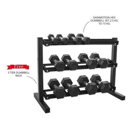 Combo Offer Gainmotion Hex Dumbbell Set 2.5 Kg to 15 Kg with Marcy Dumbbell Rack