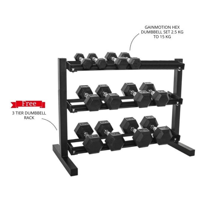 Combo Offer Gainmotion Hex Dumbbell Set 2.5 Kg to 15 Kg with Marcy Dumbbell Rack