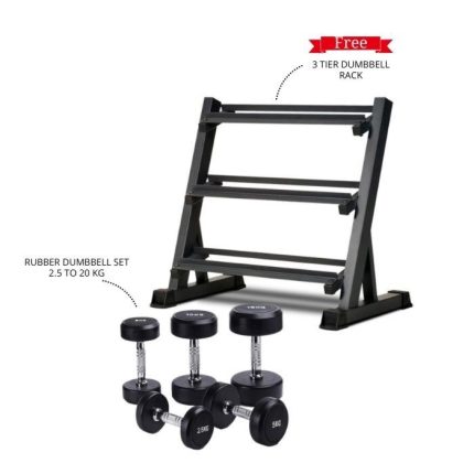 Combo Offer Round Dumbbell Set 2.5 Kg to 20 Kg with 3 Tier Dumbbell Rack