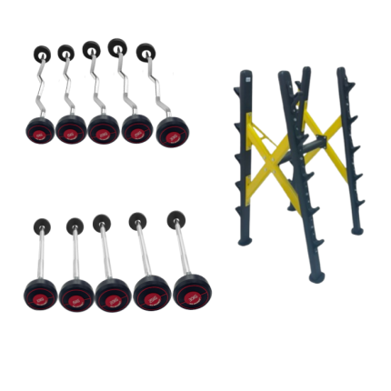 TA Sports Straight and Curl Rubber Barbell Set with Rack