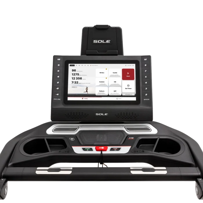 10.1-inch touchscreen display console on Sole Fitness TT8 Treadmill with workout metrics